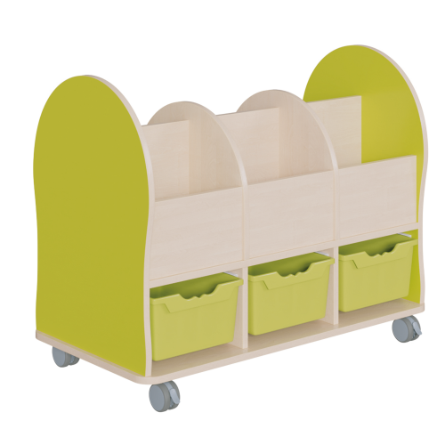 Bücherwagen Leseratte Midi B/H/T: 110x86x55 cm, Bücherwagen mit 6 Fächern, 3 hohe Ergo Tray Boxen, gerundete Seitenwangen