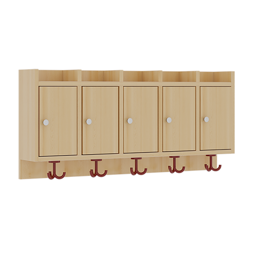 Garderobenablage mit Türen B/H/T: 100x46x27 cm, aus feuerhemmendem Material, 5 Fächer mit Türen, darunter 3fach-Haken, oben offene Unterteilungen
