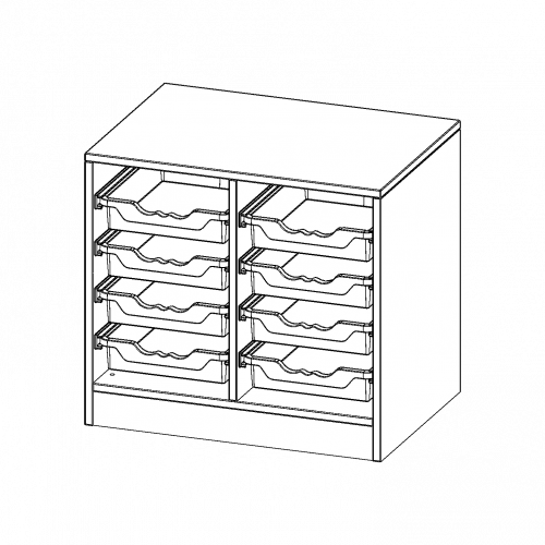 ErgoTray Regal, zweireihig, 1,5 Ordnerhöhen - evo180 Serie B/H/T: 70,3x64x50 cm, mit Sockel (81 mm), 8 flache ErgoTray Boxen