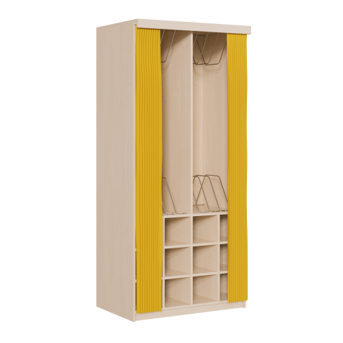 Liegepolsterregal mit Vorhang, 227 cm hoch, oben Polster, unten Bettzeugfächer B/H/T: 103x227x72 cm, für bis zu 10 Matratzen, 12 Bettwäschefächer, Regal in Korpusbauweise