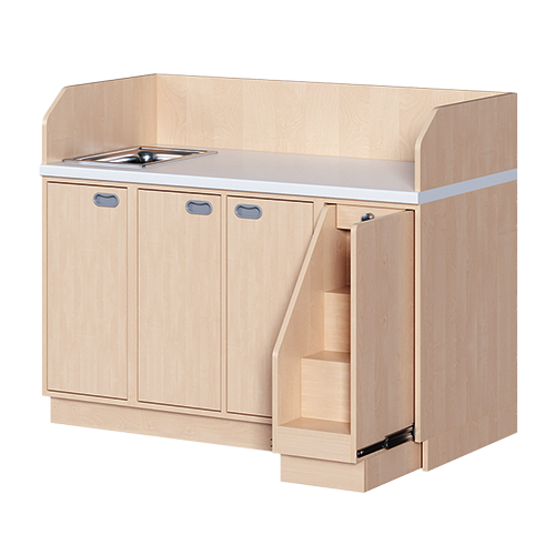 Wickelkommode, dreireihig zuzüglich Waschbecken B/H/T: 143x113x71,5 cm, Ausziehbarer Aufstieg rechts, Türen und Waschbecken links