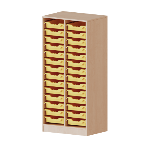 ErgoTray Regal, zweireihig, 4 Ordnerhöhen - evo180 Serie B/H/T: 70,3x154x50 cm, mit Sockel (81 mm), 28 flache ErgoTray Boxen