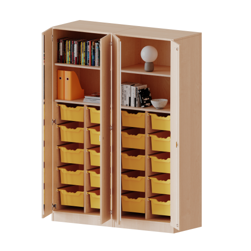 ErgoTray Schrank, zweiteilig, vierreihig, 5 Ordnerhöhen - evo180 Serie B/H/T: 140,6x190x50 cm, viertürig, zweiteilig, mit Sockel (81 mm), mit Mittelwand, mit 20 hohen ErgoTray Boxen