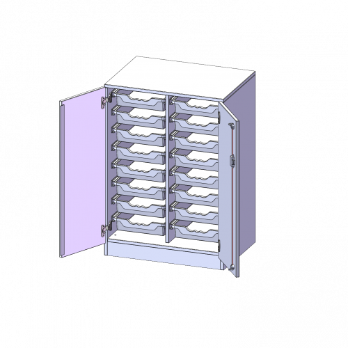 ErgoTray Schrank, zweireihig, 2,5 Ordnerhöhen - evo180 Serie B/H/T: 70,3x100x50 cm, zweitürig, mit Sockel (81 mm), mit 16 flachen ErgoTray Boxen
