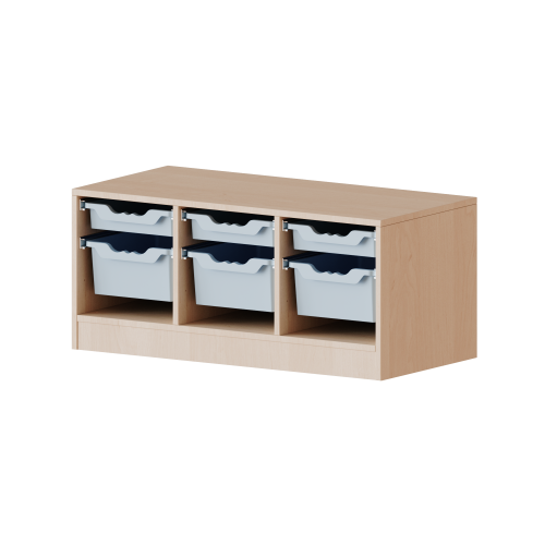 ErgoTray Regal, dreireihig, 1 Ordnerhöhe - evo180 Serie B/H/T: 104,5x46x50 cm, fahrbar, 3 flache und 3 hohe ErgoTray Boxen