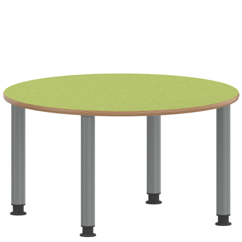 Tisch ZALOTTI mit Linoleum-Belag Rundtisch, Durchmesser/H: 100x41 cm, Stahlrohrbeine Ø 60 mm, Fußvariante: höhenverstellbar (41/55 cm), Tischbeine mit RAL-Farbe 9006 (weißaluminium)