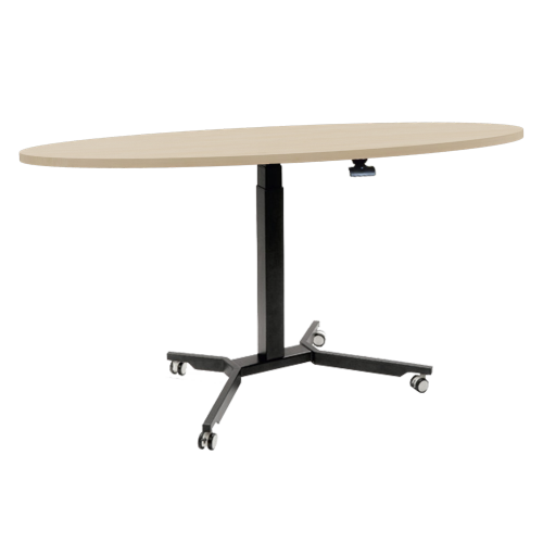 Sitz- / Stehtisch mit Melaminplatte B/H/T: 130x70-111x80 cm, fahrbarer und höhenverstellbarer Tisch in Ovalform mit Melaminplatte