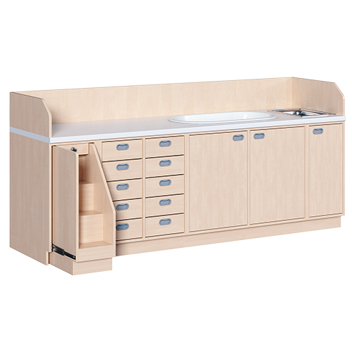 Wickelkommode, dreireihig zuzüglich Badewanne und Waschbecken B/H/T: 249x113x91,5 cm, Ausziehbarer Aufstieg links, 10 Schübe und Badewanne, Waschbecken rechts