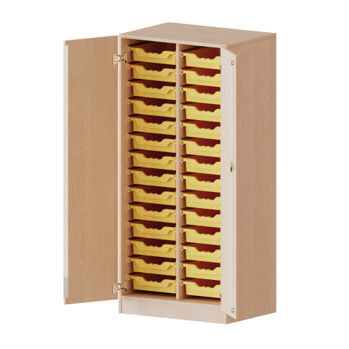 ErgoTray Schrank, zweireihig, 4 Ordnerhöhen - evo180 Serie B/H/T: 70,3x154x50 cm, zweitürig, mit Sockel (81 mm), mit 28 flachen ErgoTray Boxen