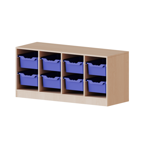 ErgoTray Regal, vierreihig, 1,5 Ordnerhöhen - evo180 Serie B/H/T: 138,7x64x40 cm, mit Möbelstellfüßen, 8 hohe ErgoTray Boxen
