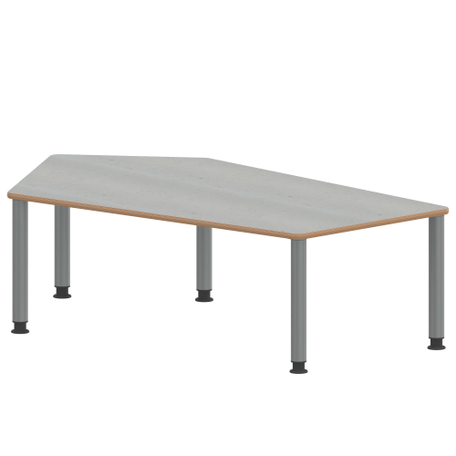 Tisch ZALOTTI mit Linoleum-Belag Fünfecktisch-groß, B/H/T: 185x59x104 cm, Stahlrohrbeine Ø 60 mm, Fußvariante: höhenverstellbar (59/73 cm), Tischbeine mit RAL-Farbe 9006 (weißaluminium)