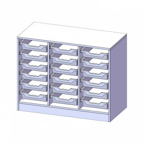 ErgoTray Regal, dreireihig, 2 Ordnerhöhen - evo180 Serie B/H/T: 104,5x82x50 cm, mit Sockel (81 mm), 18 flache ErgoTray Boxen