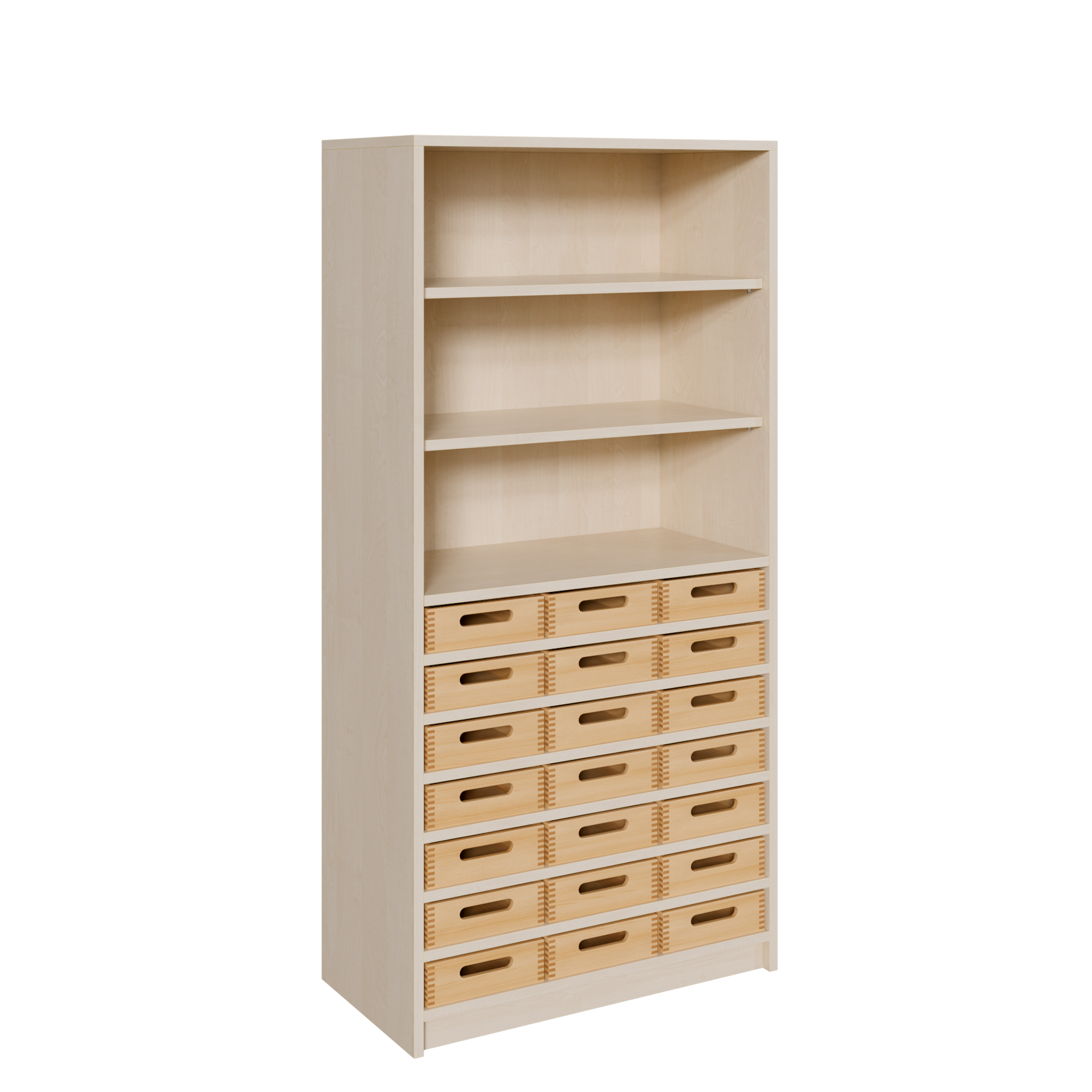 Korpus-Regal mit flachen Materialkästen und offenen Fächern B/H/T: 78x160x40 cm, 21 flache Massivholz-Kästen, oben Regal mit 2 Fächern