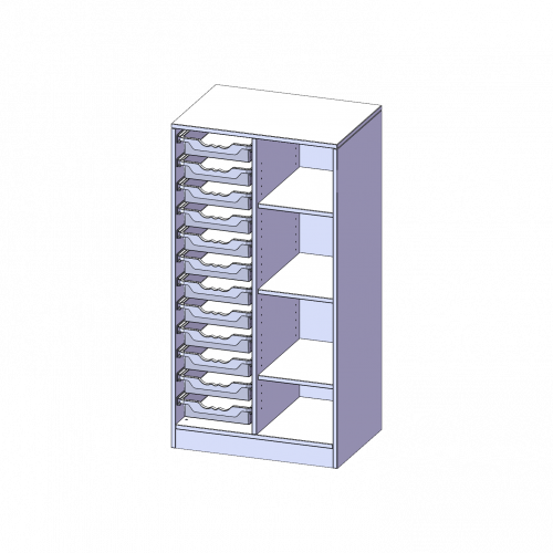 ErgoTray Regal, zweireihig, 3,5 Ordnerhöhen - evo180 Serie B/H/T: 70,3x136x50 cm, mit Sockel (81 mm), rechts 4 Fächer, links 12 flache ErgoTray Boxen