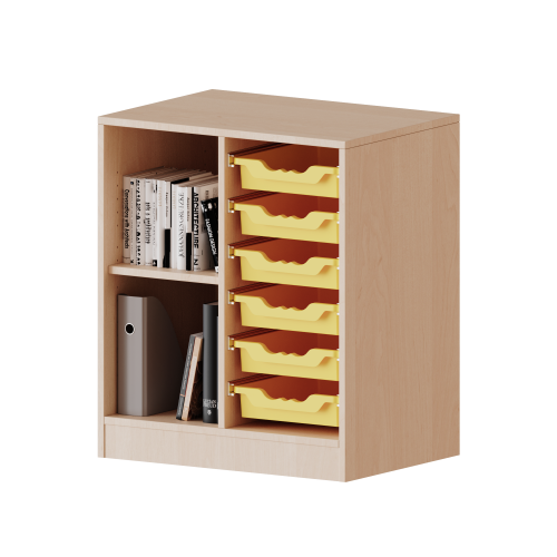 ErgoTray Regal, zweireihig, 2 Ordnerhöhen - evo180 Serie B/H/T: 70,3x82x40 cm, mit Sockel (81 mm), links 2 Fächer, rechts 6 flache ErgoTray Boxen