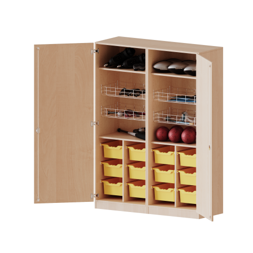 Sportschrank, 5 Ordnerhöhen - Serie evo180 B/H/T: 140,6x190x60 cm, 4 Ballkörbe, 12 hohe ErgoTray Boxen, mit Sockel (81 mm)