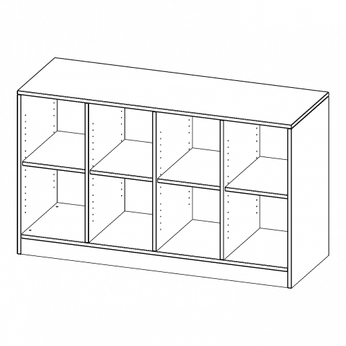 Regal, vierreihig, 2 Ordnerhöhen - evo180 Serie B/H/T: 138,7x82x50 cm, mit Sockel (81 mm) und Mittelwand, ohne Boxen, 4 Einlegeböden