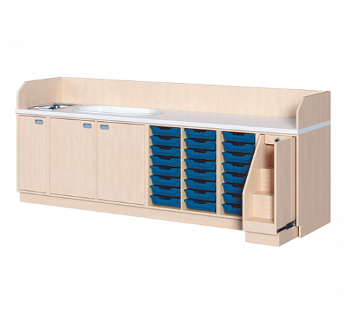 Wickelkommode, vierreihig zuzüglich Badewanne und Waschbecken B/H/T: 285x113x91,5 cm, Ausziehbarer Aufstieg rechts, 24 Boxen und Badewanne, Waschbecken links