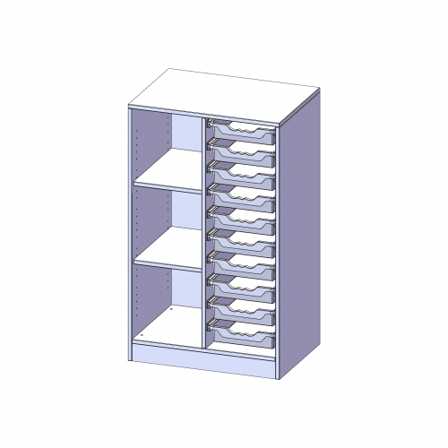 ErgoTray Regal, zweireihig, 3 Ordnerhöhen - evo180 Serie B/H/T: 70,3x118x50 cm, mit Sockel (81 mm), links 3 Fächer, rechts 10 flache ErgoTray Boxen