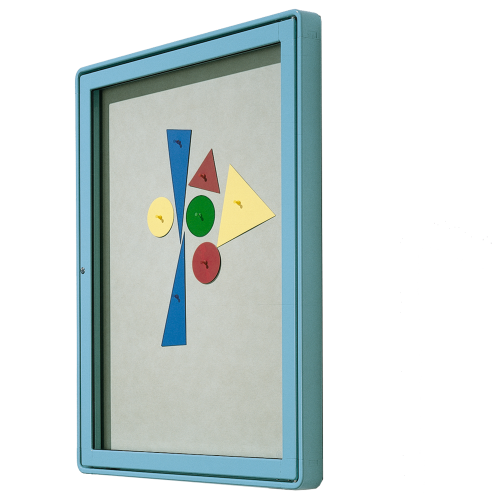 Vitrine W4 mit Flügeltür, Außenwandmontage B/H/T: 107x142x13 cm, Rückwand aus Lederstruktur auf Kork, Anschlag links