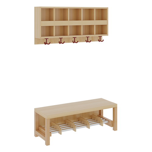 Komplettgarderobe mit doppelter Ablagereihe B/T: 100x35 cm, 5 Plätze, Sitzhöhe 42 cm, 2teilig ohne Stütze, Ablage zur Wandmontage, Alurohr-Schuhrost mit Trennungen