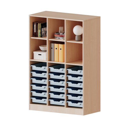 ErgoTray Regal, dreireihig, 4 Ordnerhöhen - evo180 Serie B/H/T: 104,5x154x40 cm, mit Sockel (81 mm), unten 18 flache, oben 6 Fächer