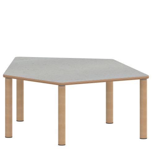 Tisch ZALOTTI mit Linoleum-Belag Fünfecktisch-klein, B/H/T: 121x41x110 cm, Massivholzbeine Ø 60 mm, Fußvariante: Stellfuß