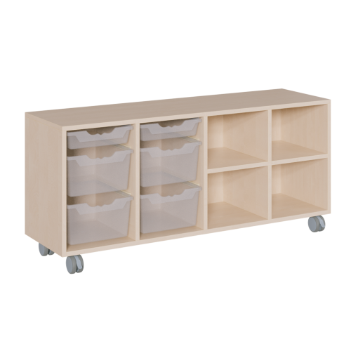 fahrbares Regal in Korpusbauweise B/H/T: 139x62,5x40 cm, in 4 Reihen 2 flache und 4 hohe ErgoTray-Boxen und 4 Fächer