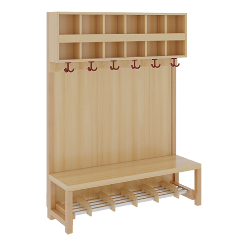 Komplettgarderobe mit doppelter Ablagereihe B/H/T: 120x158x39 cm, 6 Plätze, Sitzhöhe 34 cm, Stütze mit Paneelrückwand, Schuhrost aus Aluminiumrohren mit Trennungen