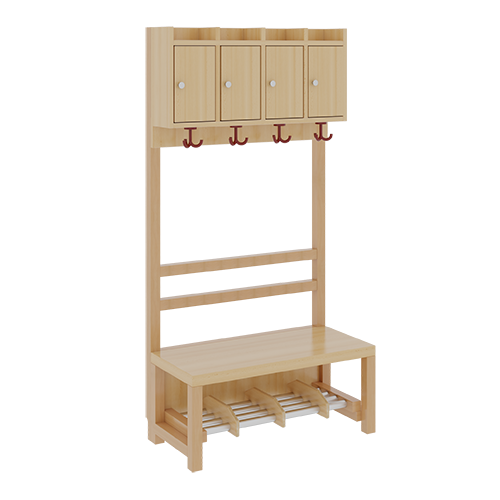 Komplettgarderobe mit Ablagen und Türen B/H/T: 80x158x39 cm, 4 Plätze, Sitzhöhe: 42 cm, offene Stütze in Buche-massiv, Schuhrost aus Aluminiumrohren mit Facheinteilungen