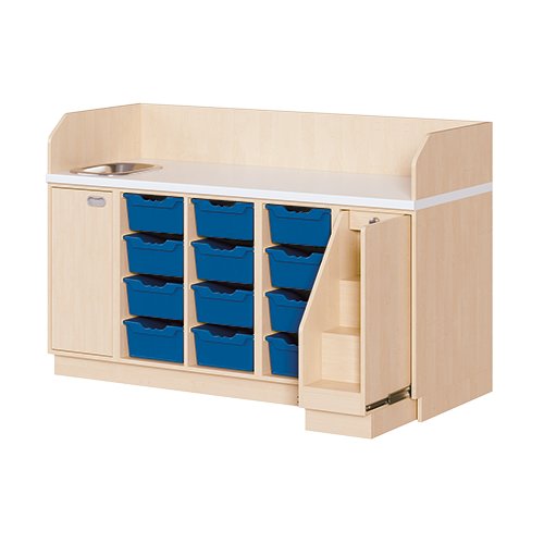 Wickelkommode, vierreihig zuzüglich Waschbecken B/H/T: 179x113x91,5 cm, Ausziehbarer Aufstieg rechts, 12 Boxen und Waschbecken links