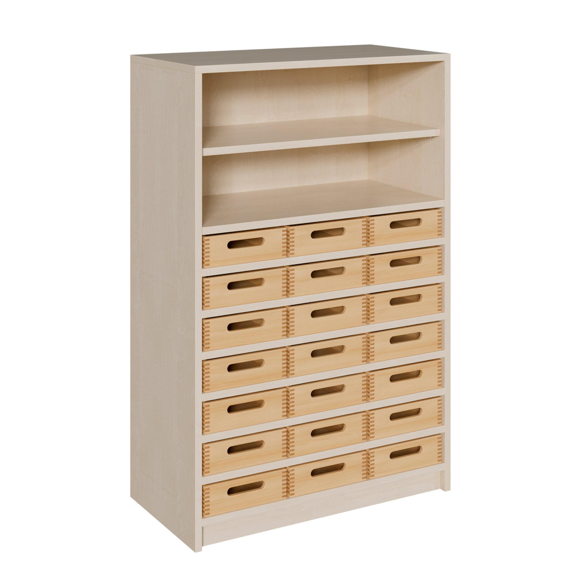 Korpus-Regal mit flachen Materialkästen und offenen Fächern B/H/T: 78x120x40 cm, 21 flache Massivholz-Kästen, oben Regal mit 2 Fächern