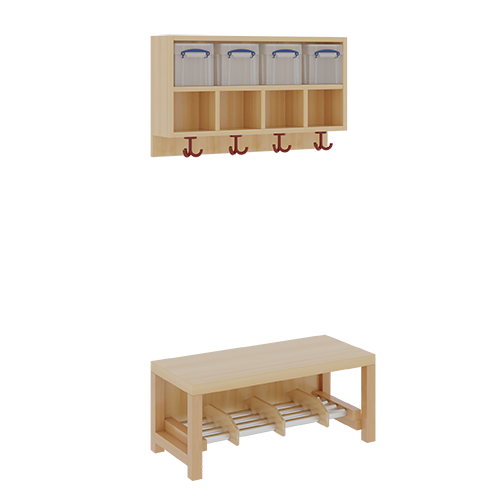 Komplettgarderobe mit doppelter Ablagereihe inklusive Boxen B/T: 80x35 cm, 4 Plätze, Sitzhöhe 42 cm, 2teilig ohne Stütze, Ablage zur Wandmontage, Alurohr-Schuhrost mit Trennungen