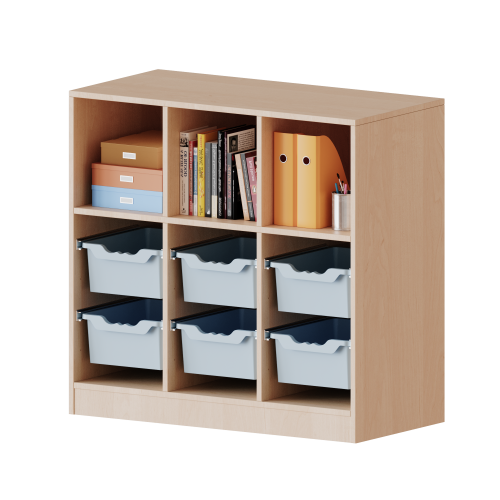 ErgoTray Regal, dreireihig, 2,5 Ordnerhöhen - evo180 Serie B/H/T: 104,5x100x40 cm, fahrbar, oben 3 Fächer, unten 6 hohe ErgoTray Boxen