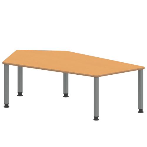 Tisch ZALOTTI mit Linoleum-Belag Fünfecktisch-groß, B/H/T: 185x59x104 cm, Stahlrohrbeine Ø 60 mm, Fußvariante: höhenverstellbar (59/73 cm), Tischbeine mit RAL-Farbe 9006 (weißaluminium)