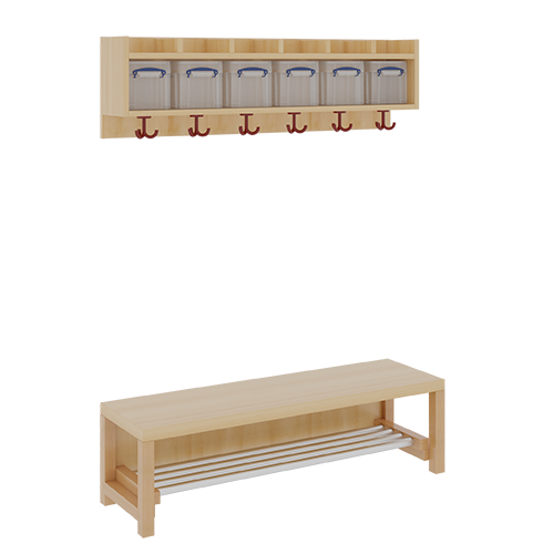Komplettgarderobe mit einfacher Ablage inklusive Boxen B/T: 120x35 cm, 6 Plätze, Sitzhöhe 26 cm, 2teilig ohne Stütze, Ablage zur Wandmontage, Schuhrost aus Aluminiumrohren