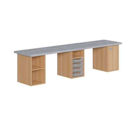 Bastelarbeitsplatz mit Unterbauten B/H/T: 258x64x60 cm, 3 unterschiedliche Unterbauten, mittig flache Boxen, Arbeitsplattendekor: light Atelier, Bastelarbeitsplatz "fantasievoll"