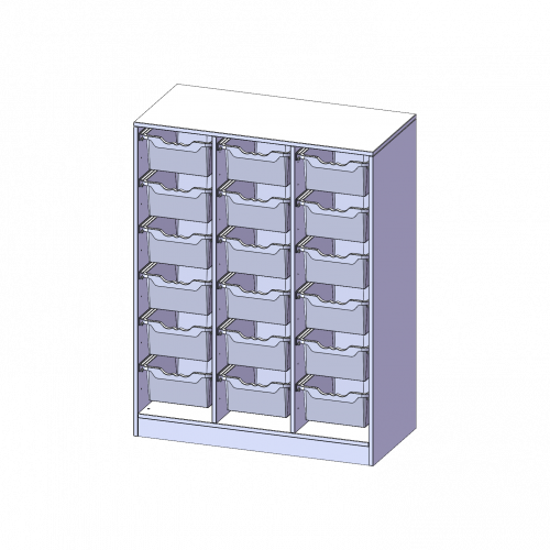 ErgoTray Regal, dreireihig, 3,5 Ordnerhöhen - evo180 Serie B/H/T: 104,5x136x40 cm, mit Sockel (81 mm), 18 hohe ErgoTray Boxen