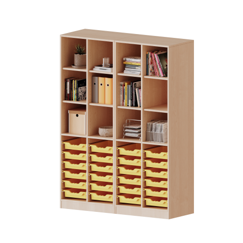 ErgoTray Regal, vierreihig, 5 Ordnerhöhen - evo180 Serie B/H/T: 140,6x190x40 cm, mit Sockel (81 mm), zweiteilig und Mittelwand, unten 24 flache ErgoTray Boxen, oben 8 Einlegeböden