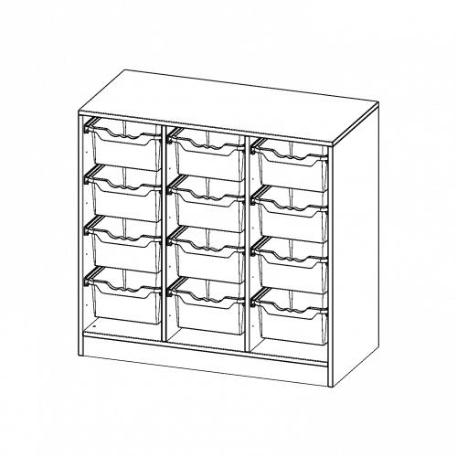 ErgoTray Regal, dreireihig, 2,5 Ordnerhöhen - evo180 Serie B/H/T: 104,5x100x50 cm, mit Sockel (81 mm), 12 hohe ErgoTray Boxen