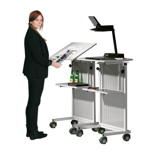 Rednerpult mit Lochblech Frontblende der Serie RP 70 B/H/T: 60x111-133x45 cm, fahrbar