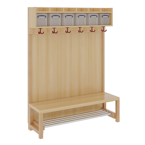 Komplettgarderobe mit einfacher Ablage inklusive Boxen B/H/T: 120x158x39 cm, 6 Plätze, Sitzhöhe: 42 cm, Stütze mit Paneelrückwand, mit Schuhrost aus Aluminiumrohren