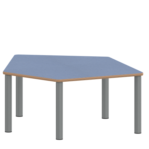 Tisch ZALOTTI mit Linoleum-Belag Fünfecktisch-klein, B/H/T: 121x25x110 cm, Stahlrohrbeine Ø 60 mm, Fußvariante: Stellfuß, Tischbeine mit RAL-Farbe 9006 (weißaluminium)