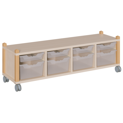 fahrbares Regal in Stollenbauweise B/H/T: 143,3x42,5x40 cm, in 4 Reihen 4 flache und 4 hohe ErgoTray-Boxen