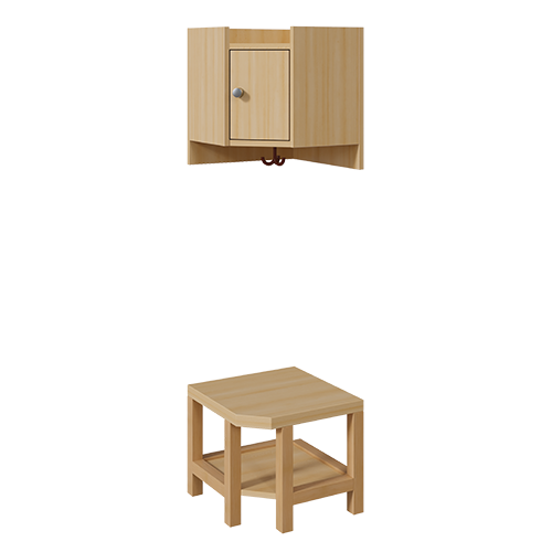 Garderoben-Innenecke mit Ablage und Tür B/T: 43x43 cm, Sitzhöhe: 26 cm, 2teilig ohne Stütze, Ablage zur Wandmontage, unter Bank Schuhablage