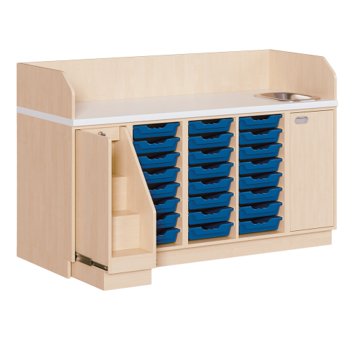 Wickelkommode, vierreihig zuzüglich Waschbecken B/H/T: 179x113x71,5 cm, Ausziehbarer Aufstieg links, 24 Boxen und Waschbecken rechts