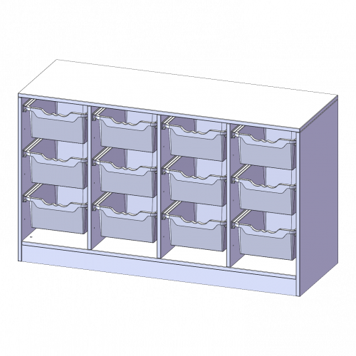 ErgoTray Regal, vierreihig, 2 Ordnerhöhen - evo180 Serie B/H/T: 138,7x82x50 cm, mit Sockel (81 mm), 12 hohe ErgoTray Boxen