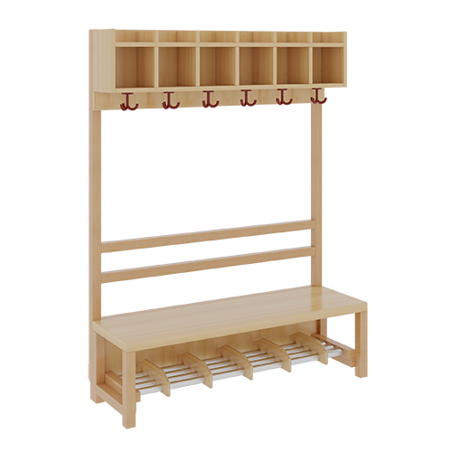 Komplettgarderobe mit einfacher Ablagereihe B/H/T: 120x158x39 cm, 6 Plätze, Sitzhöhe: 42 cm, offene Stütze in Buche-massiv, Schuhrost aus Aluminiumrohren mit Facheinteilungen