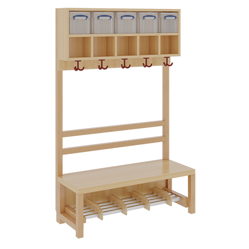 Komplettgarderobe mit doppelter Ablagereihe inklusive Boxen B/H/T: 100x158x39 cm, 5 Plätze, Sitzhöhe 34 cm, offene Stütze, Schuhrost aus Aluminiumrohren mit Trennungen