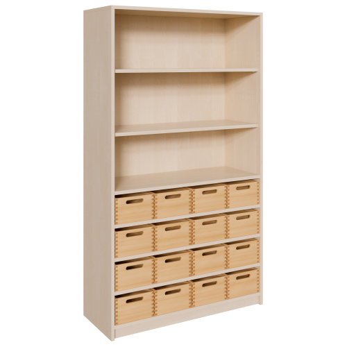 Korpus-Regal mit Materialkästen und offenen Fächern B/H/T: 102x180x40 cm, unten mit 16 Massivholz-Kästen (ohne Sichtfenster), oben Regal mit 3 Fächern